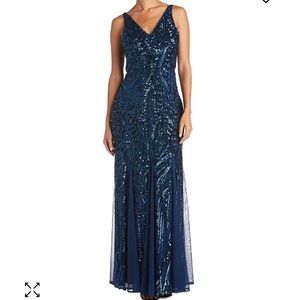 Nightway Navy Blue Sequined Mesh Gown